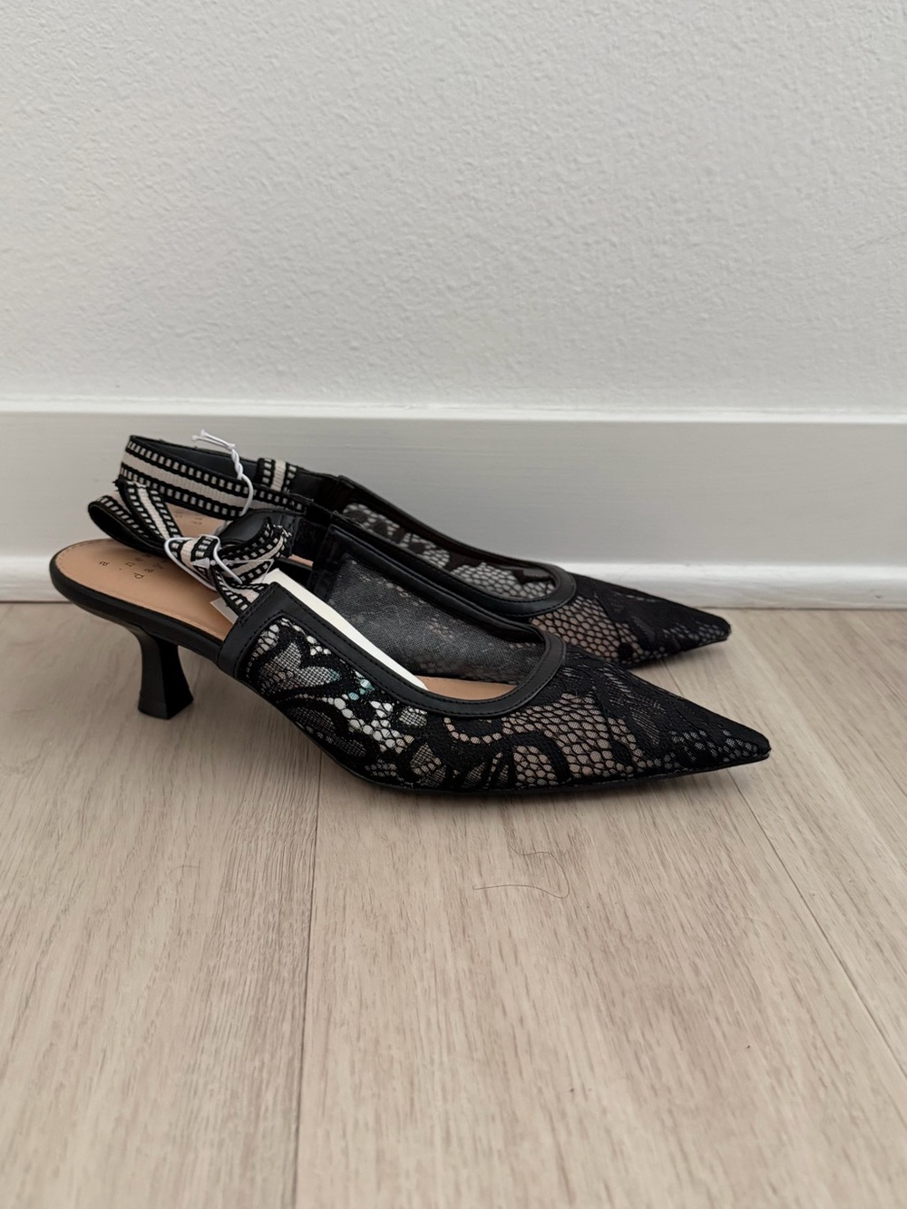 Black Lace Pointed Toe Slingback Flats - Women's